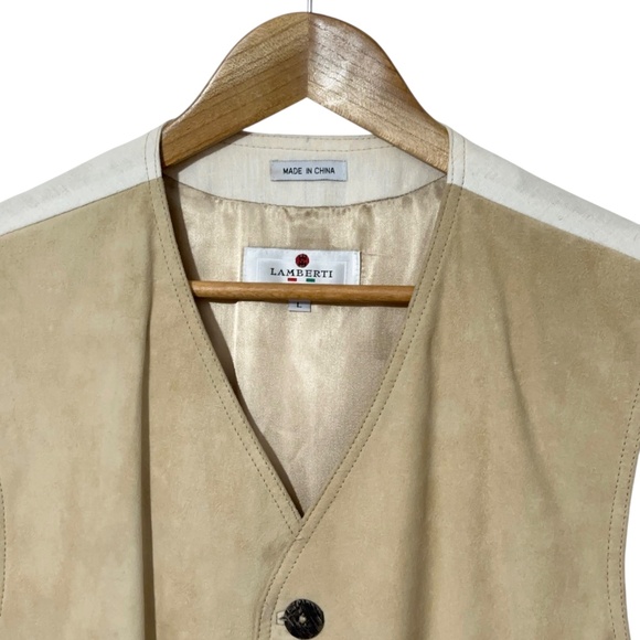 Lamberti Mens Suede Leather Vest with Linen Back Size L Button Up Summer Casual - Picture 2 of 6